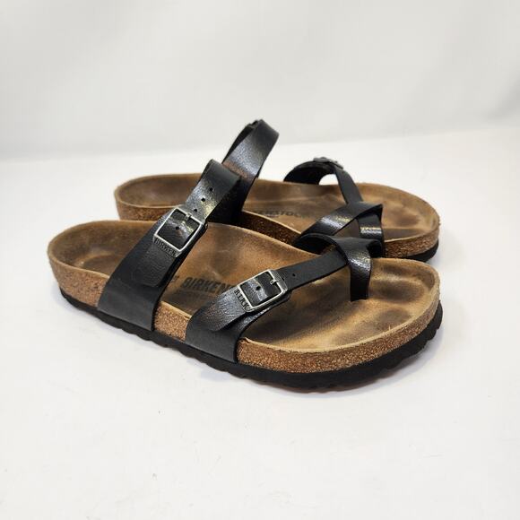 Birkenstock Mayari Black Birko Flor Slip On Sandal Size 38 US Women 7 Toe Loop - Picture 1 of 8